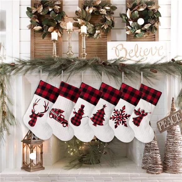 Set of 6 ChristmasStocking(20inch) Silhouette Buffalo Red Plaid/Rustic/Farmhouse - Picture 5 of 7